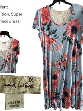 Coral Floral Knit Midi Dress with Crochet Yoke